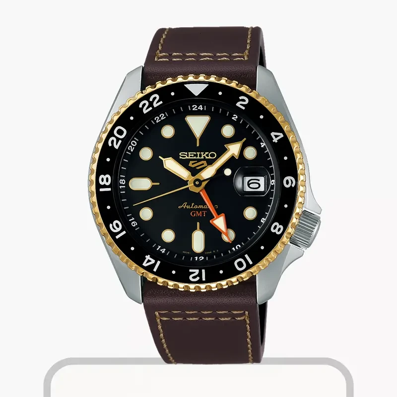 Seiko 5 Sports GMT SKX Black Dial Brown Leather Men’s Watch- SSK036K1